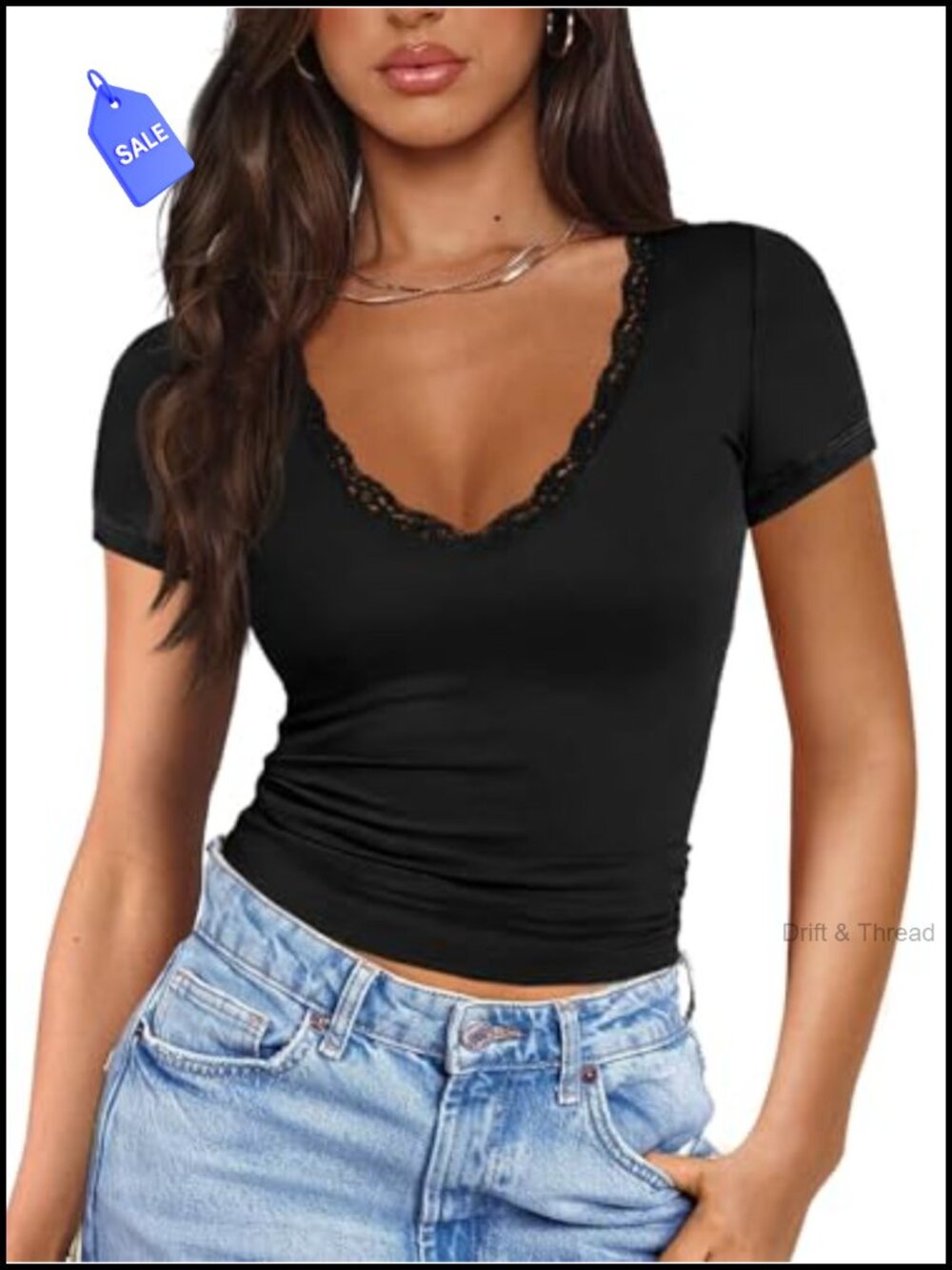 Women's Sexy V Neck Lace Crop Top Short Sleeve Knit Slim Fit Y2K Going Out Tee